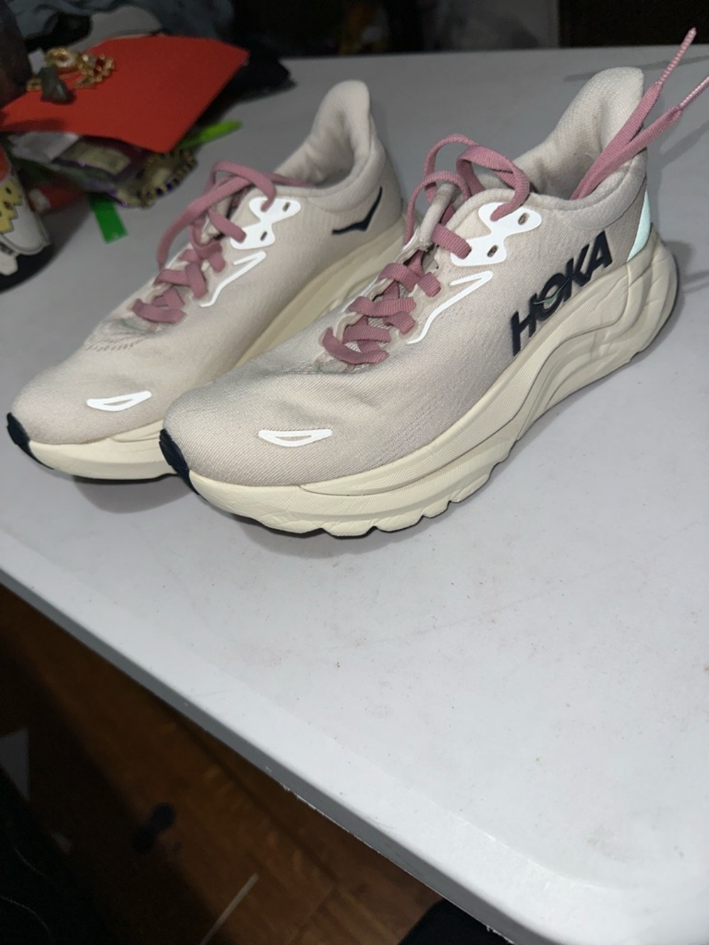 Hoka Women's Cream Sneakers with Pink Laces